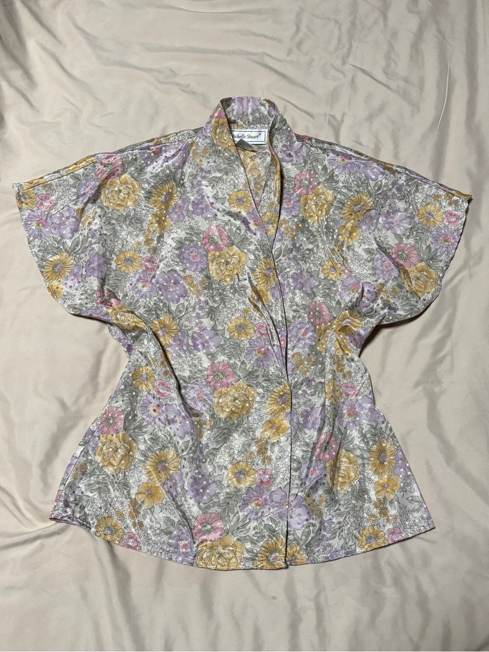 Vintage Michelle Stuart Floral Satin Wrap Blouse Short Butterfly Sleeve Size 4